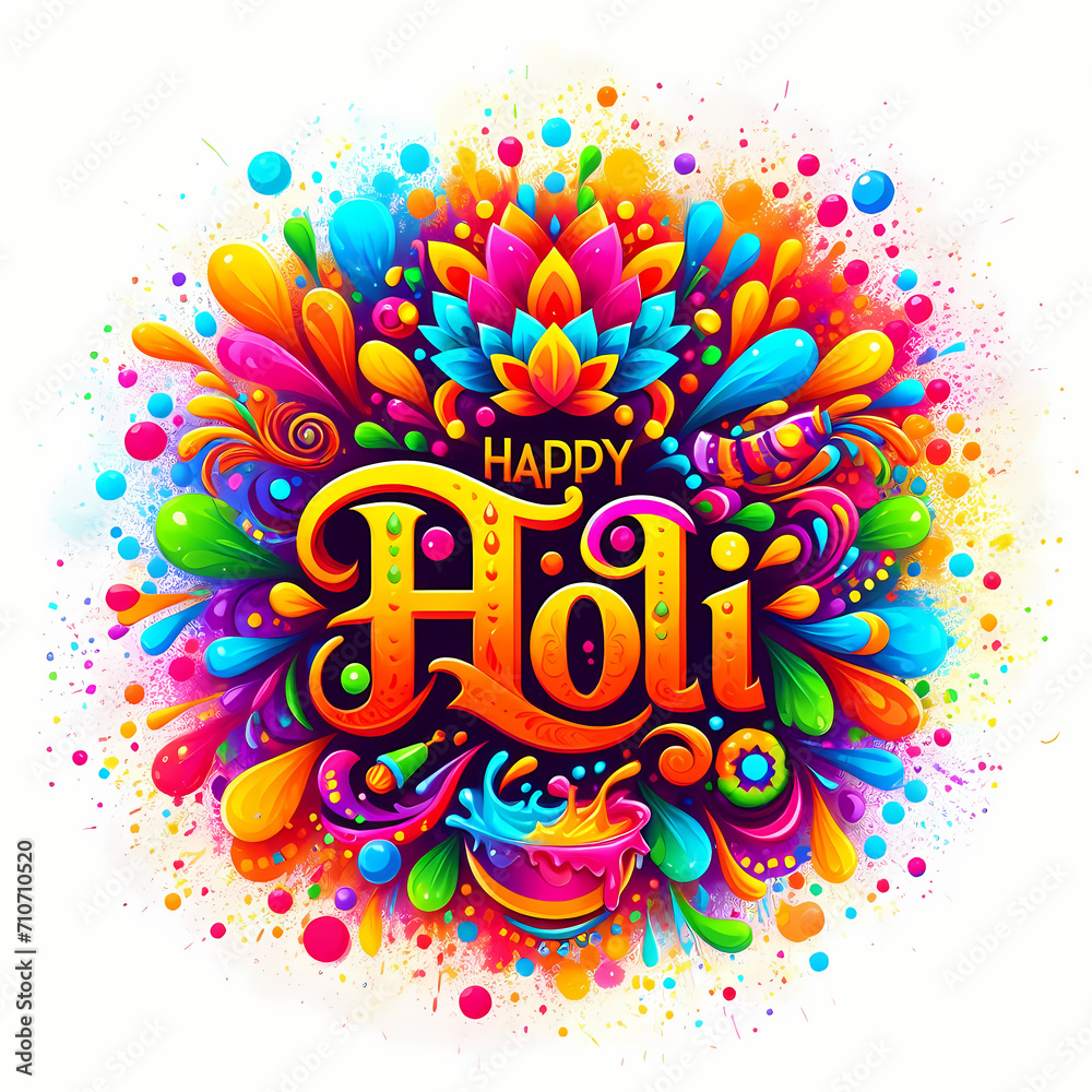 Happy Holi text on a background of bright multicolored paint splatters. Colorful explosion for Holi festival poster banner creative.