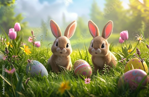 Cartoon Easter rabbits in sunny garden with colorful eggs.