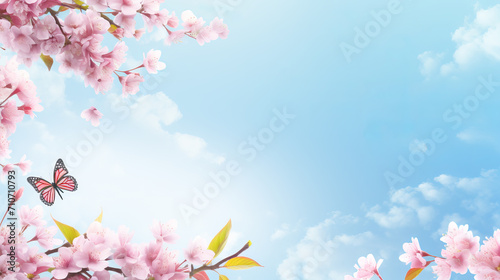 Spring background with a branch of cherry blossoms in the garden. Cherry blossom frame © Olga