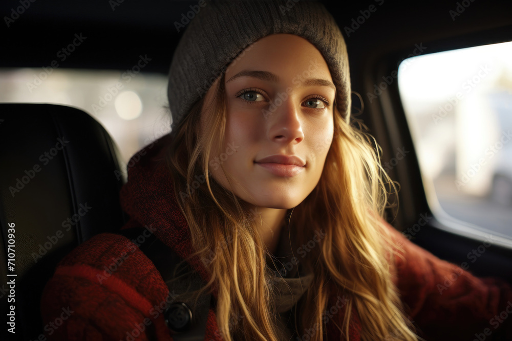 beautiful young woman enjoys car ride