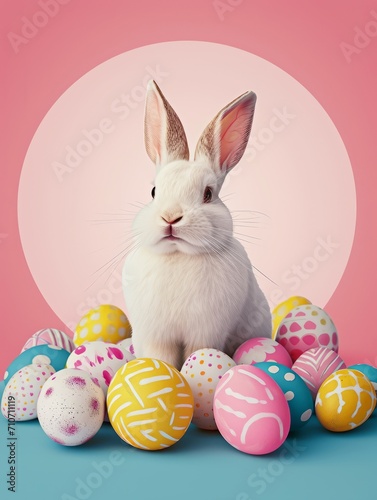 Cute bunny with colorful painted Easter eggs. Concept of happy Easter day. © Oleg
