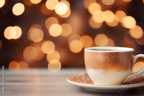A cup and saucer on a table against a background of blurry lights in a cafe. Concept for advertising coffee, tea, drinks. 