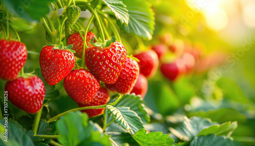Close-up of ripe strawberries in sunlight  ready for harvest