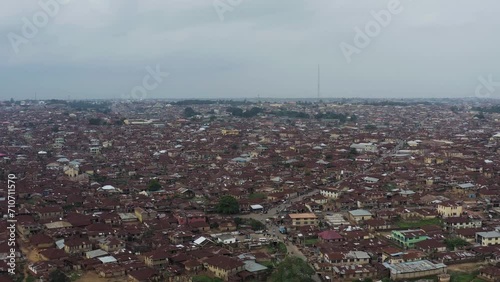 Aerial view of brown roof buildings in Ibadan the largest west african city, Nigeria.