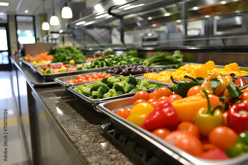 A nutrition-focused school cafeteria offering dietitian consultations and healthy eating guidance, emphasizing balanced diet education for better student health awareness.