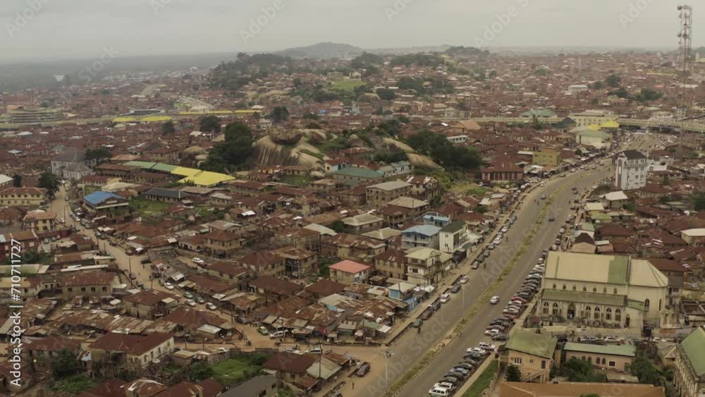 Aerial view of Lagos Lekki-Epe Expressway showing residential buildings and the lagoon, Lagos, Nigeria.