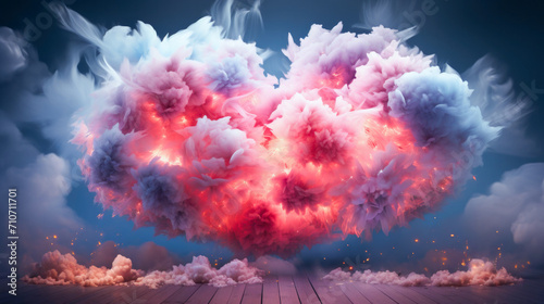 Abstract Celestial Scene with Neon Clouds Heart-Shaped