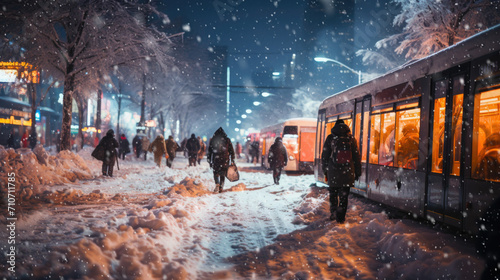 Evening winter scene in snowy city afetr heavy snowfall. Snow-covered Transports Moving Through City Streets photo