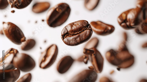 Close-up of scattered roasted coffee beans on a white background  with a central bean in sharp focus.