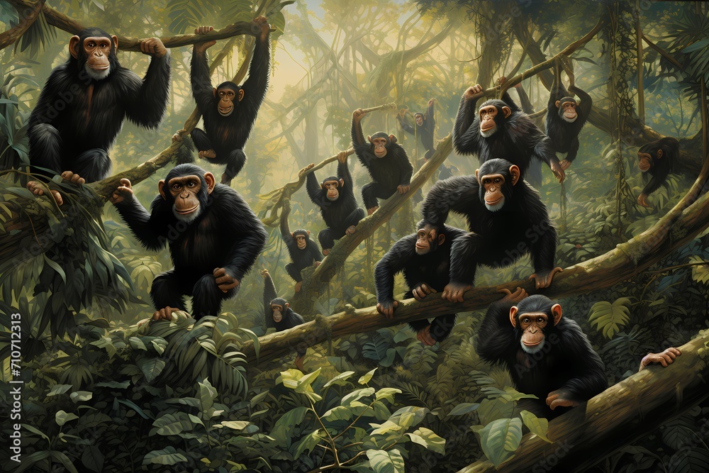 A troop of lively chimpanzees swinging effortlessly through the dense canopy of a tropical forest.