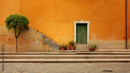 Fototapeta Naklejka Na Ścianę i Meble -  Rustic Tuscan Wall with Green Door and Steps