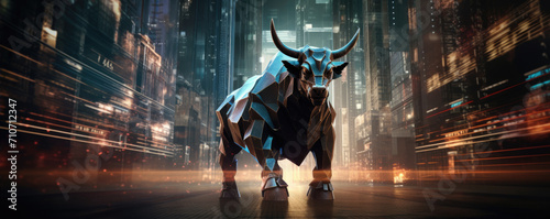 Futuristic bull representing bull market trend. Money morket and crypto currenci trading wallpaper. photo