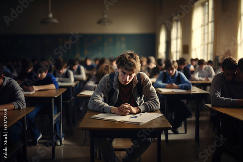 Concerned Student Contemplating Exam in Classroom