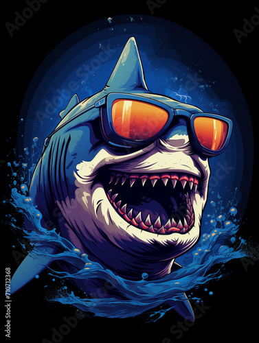 A art depiction of a shark sporting sunglasses  set against a navy blue background created with Generative Ai