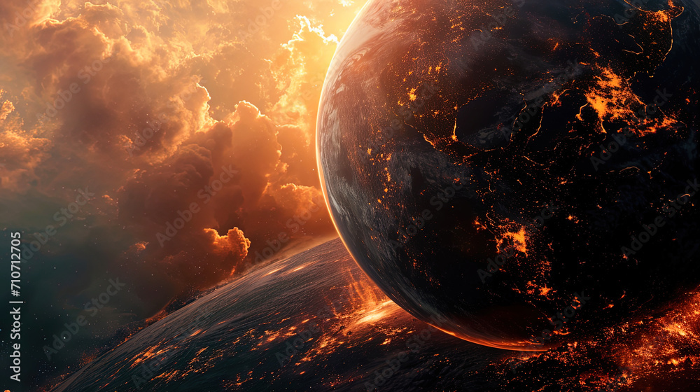 Fototapeta premium A photo of the ascending earth, creating the impression of a bright fire made from space