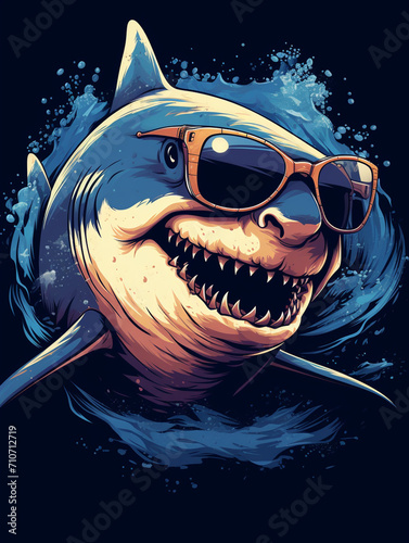 A art depiction of a shark sporting sunglasses  set against a navy blue background created with Generative Ai