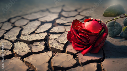 Czerwona róża na spękanej ziemi #710712780