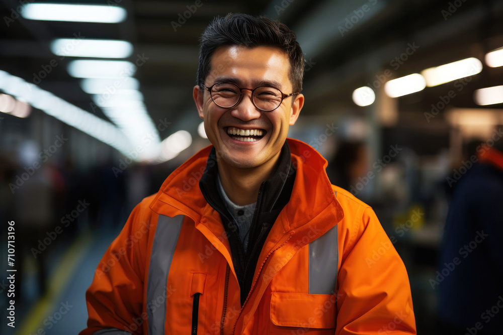 Fototapeta premium Smiling Asian Man in Orange Work Jacket at Industrial Site