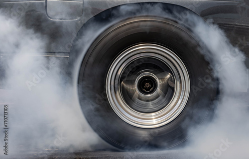 Car burnout wheels tire with white smoke,Car wheel burnout with smoke from the spinning tyre, Drag car wheel burns tires preparation for the race.