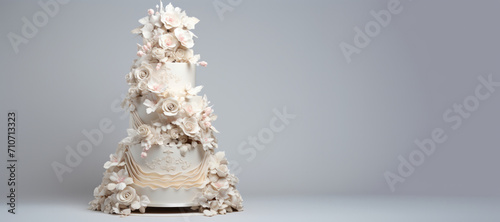 An amazing white cake decorated with delicate flowers on a light gray background. Concept for celebrating birthday, anniversary, wedding. Еmpty space for text. Banner.