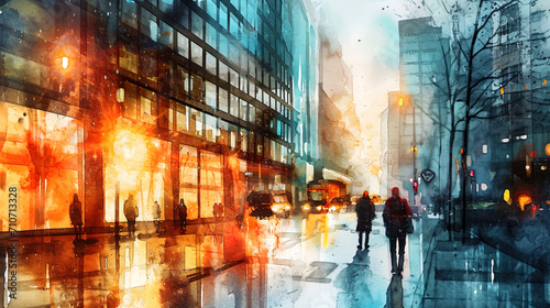 Mysterious watercolor depicting a city evening with lights and reflection in the glass facades of