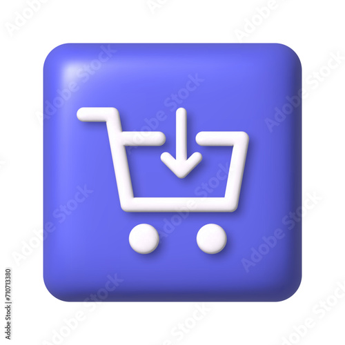 Shopping cart icon on purple square button. 3D vector illustration.