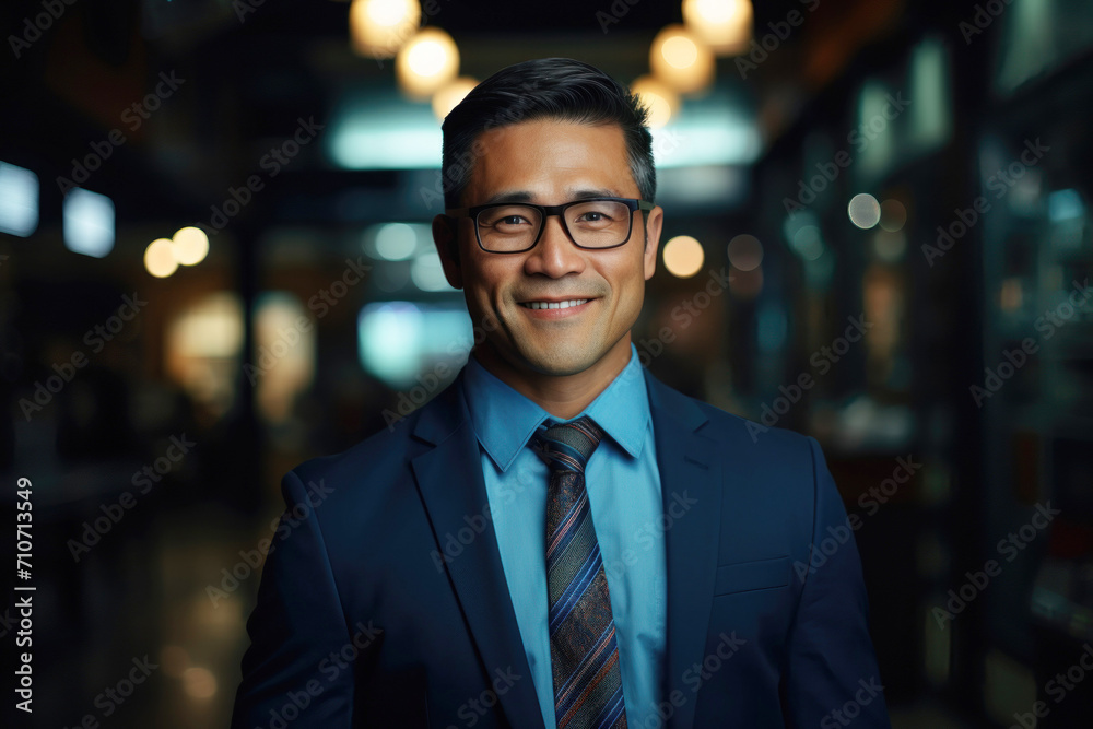 Fototapeta premium Asian Businessman with a Confident Smile in Office Setting