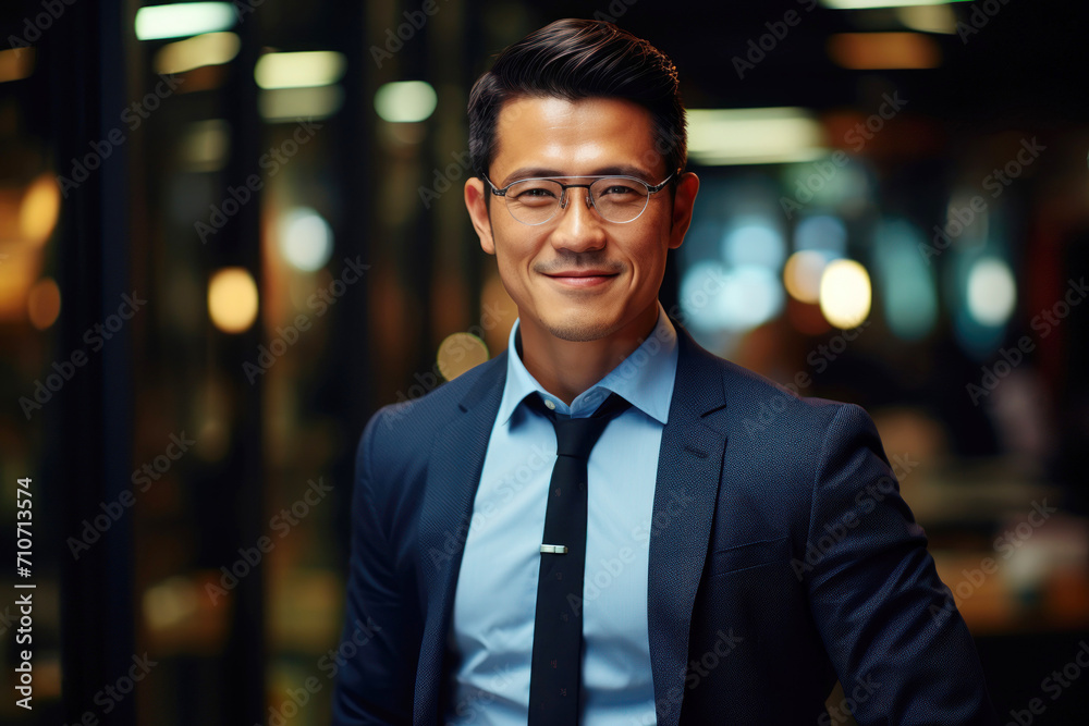 Asian Businessman with a Confident Smile in Office Setting Asian Businessman with a Confident Smile in Office Setting