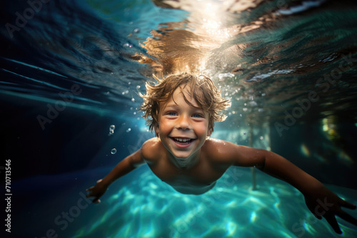Boy Smiling Underwater in Sunlit Pool