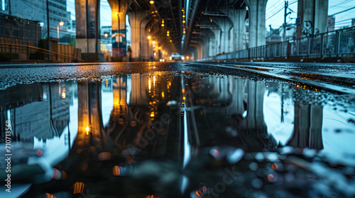 The reflection of the bridge in the water of the puddle on the asphalt, giving the city landscape