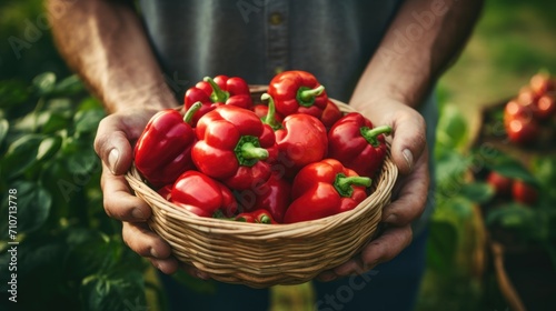 Farmer Holding Basket of Fresh Red Bell Peppers