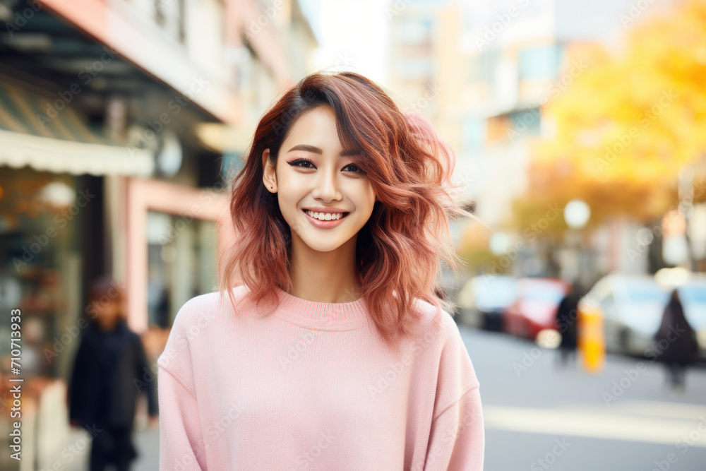 Radiant Asian Woman Smiling on Autumn Street