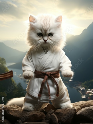 Martial Arts Kitty in Majestic Mountain Setting