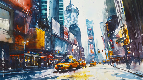 Emotional watercolor, depicting a noisy and energetic urban landscape with high buildings and brig photo