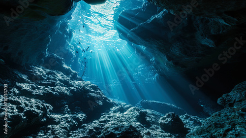 The mysterious shadows at the bottom of the ocean, created by underwater grottoes and caves, like photo