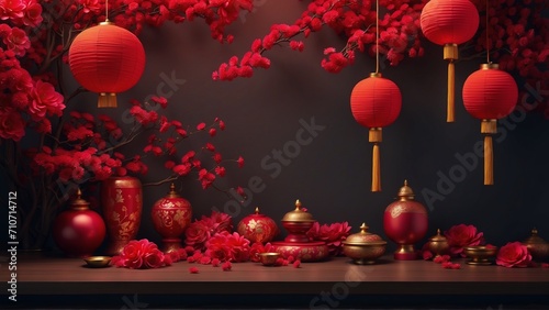 Chinese New Year Decorative Setting - Traditional Festival; Red Lanterns; Cultural Celebration; Prosperity Symbolism; Elegant Red Flowers; Asian Inspired Still Life; Festive Background; Oriental Theme