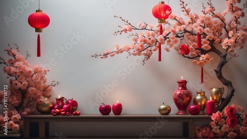 Illustration, postcard, pattern: cherry blossom branches and Chinese lanterns. Chinese holidays. Chinese New Year.