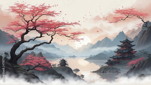 Illustration, postcard: landscape made in the style of Japanese ink painting