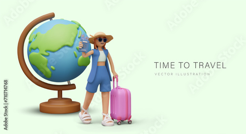 Time to travel. Female character walks in front of giant globe. Girl holds airline tickets in her hand. Tourist is in hurry with suitcase. Web banner for social networks