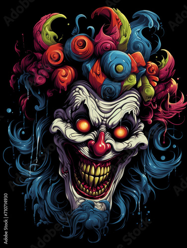 T-shirt design inspired by a terrifying clown  black background created with Generative Ai