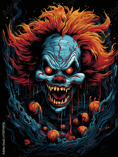 T-shirt design inspired by a terrifying clown  black background created with Generative Ai