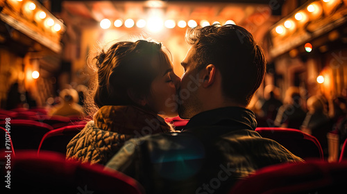 A kiss in the cinema, watching a film about love, with the history of inspiring lovers photo