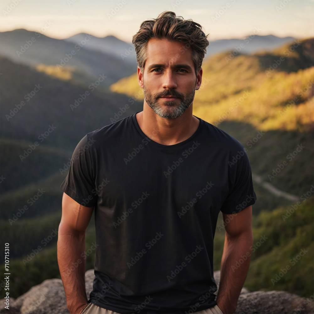 Black T-Shirt Mockup Template with a Handsome Man Standing on the Mountain on a Summer Day. Nature Friendly Hiker Outdoor Photography. Perfect for Online Shops, Portfolios and Social Media Marketing Black T-Shirt Mockup Template with a Handsome Man Standing on the Mountain on a Summer Day. Nature Friendly Hiker Outdoor Photography. Perfect for Online Shops, Portfolios and Social Media Marketing