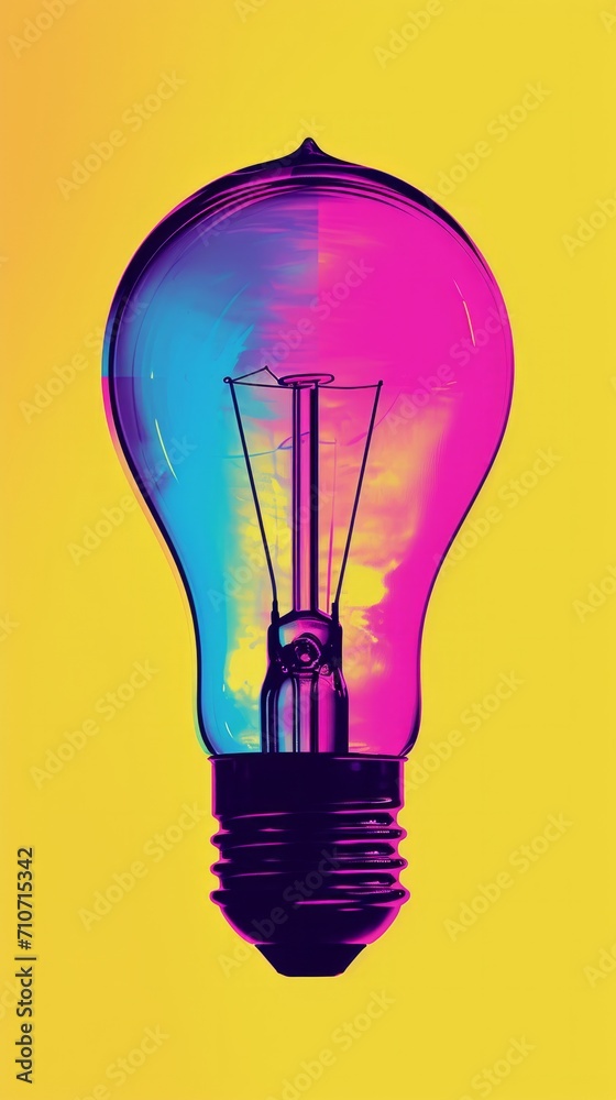 Fototapeta premium Brightly Colored Light Bulb Illuminating Yellow Background