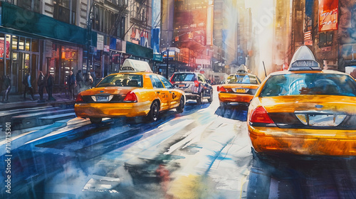 Impressionist watercolor transmitting the movement of city street with multi colored cars and pass photo