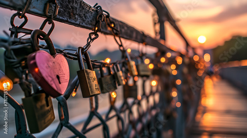 A bridge adorned with heart shaped padlocks against a sunset. Concept of love and valentines photo
