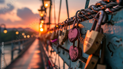 A bridge adorned with heart shaped padlocks against a sunset. Concept of love and valentines