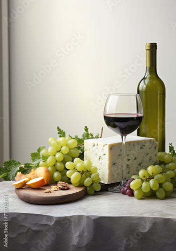Food still life with wine, cheeses and fruits on a light background. Vertical image. 