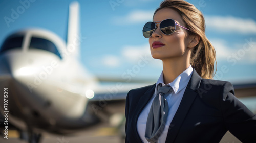 Confident Female Pilot Beside Private Jet