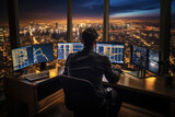 Trader with Multiple Screens Overlooking Night Cityscape